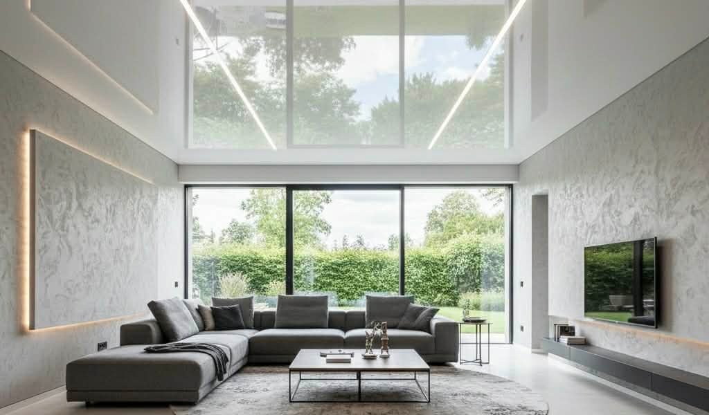 Luksusowy salon z panoramicznym widokiem – profesjonalne sufity napinane Kraków z oświetleniem liniowym LED.